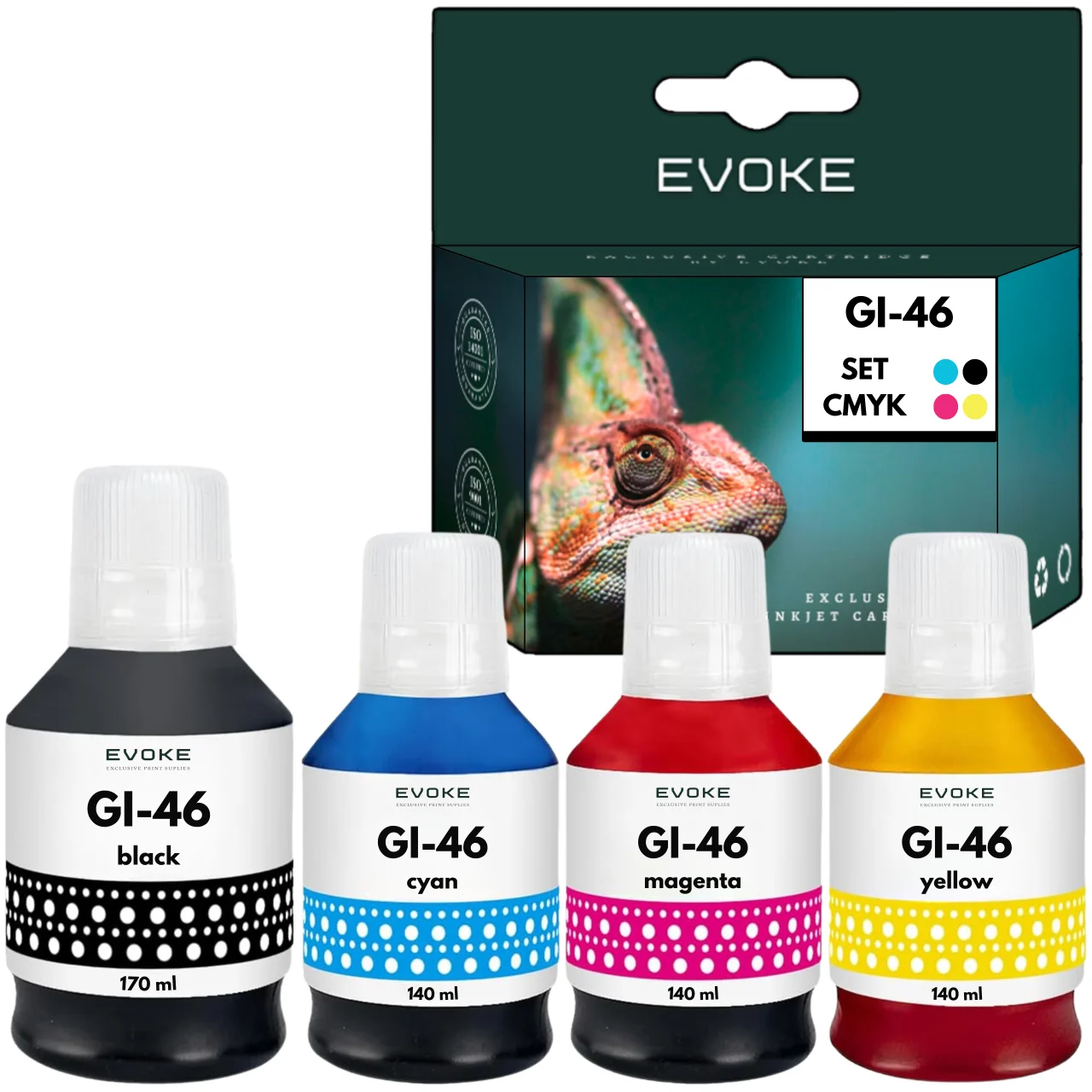 Evoke Compatibele Inkt voor Canon Gi-46 Gi46 4X Cmyk: Zwart, Cyaan, Magenta, Geel 170 ml 48000 Pagina's Maxify Gx3040 Gx4040 Gx4050 Gx5040 Gx5050 Gx6040 Gx6050 Gx7040 Gx7050