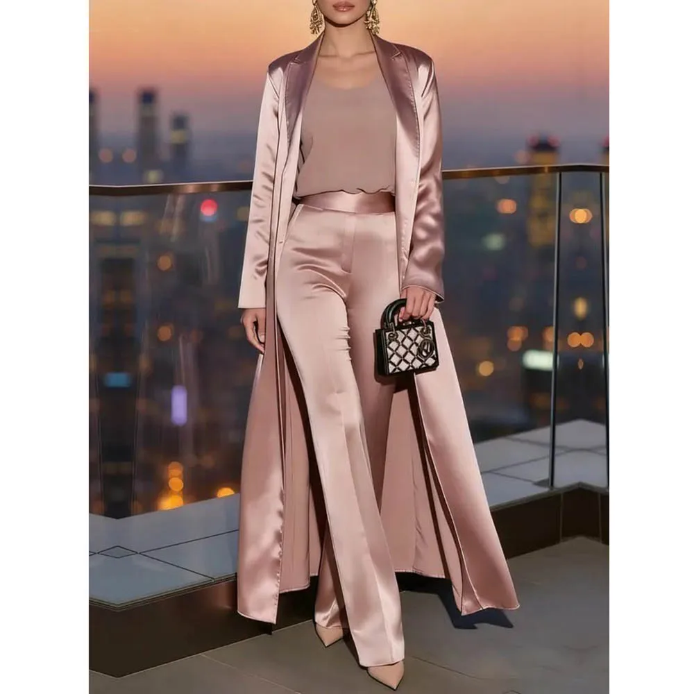 Chic Satin Women Suit Long Blazer with High Waist Pants Two Piece Fashion Elegant Wedding Party Business Daily Casual Outfit