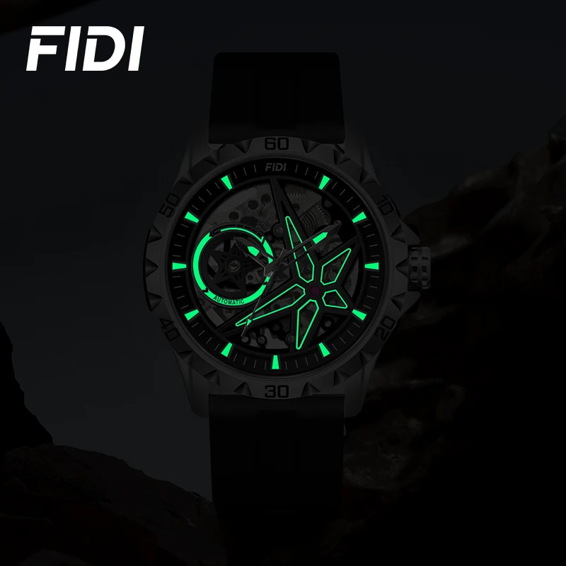 FIDI Luxury Watch Men Fashion Hollow Dial Mechanical Mens Watch Automatic Watches Silicone Men Waterproof Male Wristwatch FD103