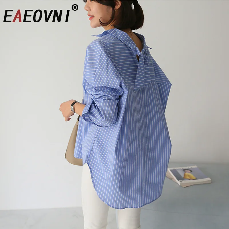 

EAEOVNI Casual Striped Women's Blouse Lapel Long Sleeve Back Bow Design Loose Versatile Shirt 2026 Spring Fashion New Clothing