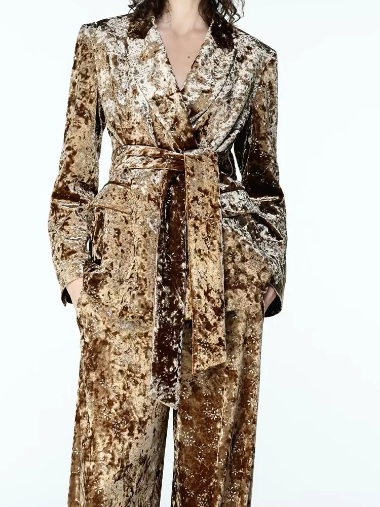 2025 nouveaux vêtements pour femmes: veste à manches longues en velours métallique à la mode de Style européen et américain avec ceinture