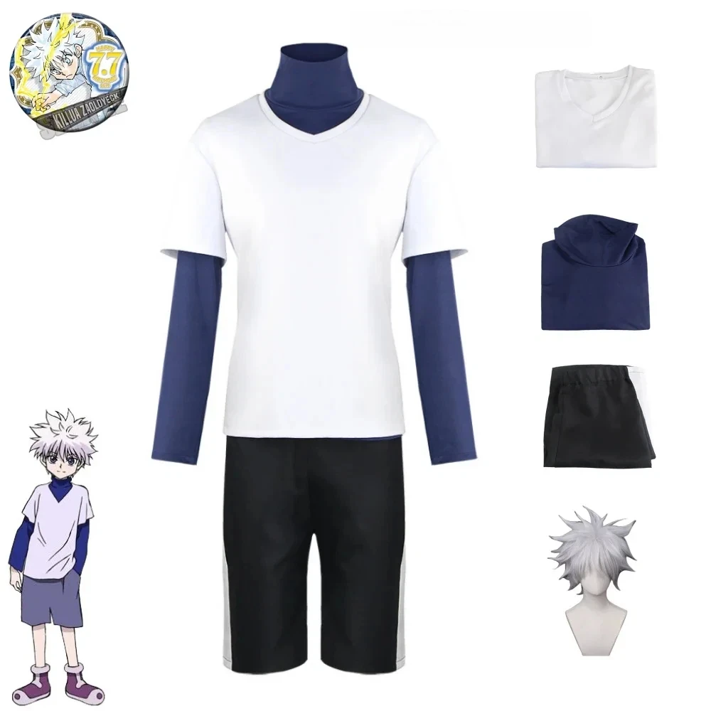 

Hunter x Hunter Killua Zoldyck Косплей Костюм Номер 99 Значок Хэллоуин Рождественская вечеринка Косплей Костюм Рубашка Короткий белый парик