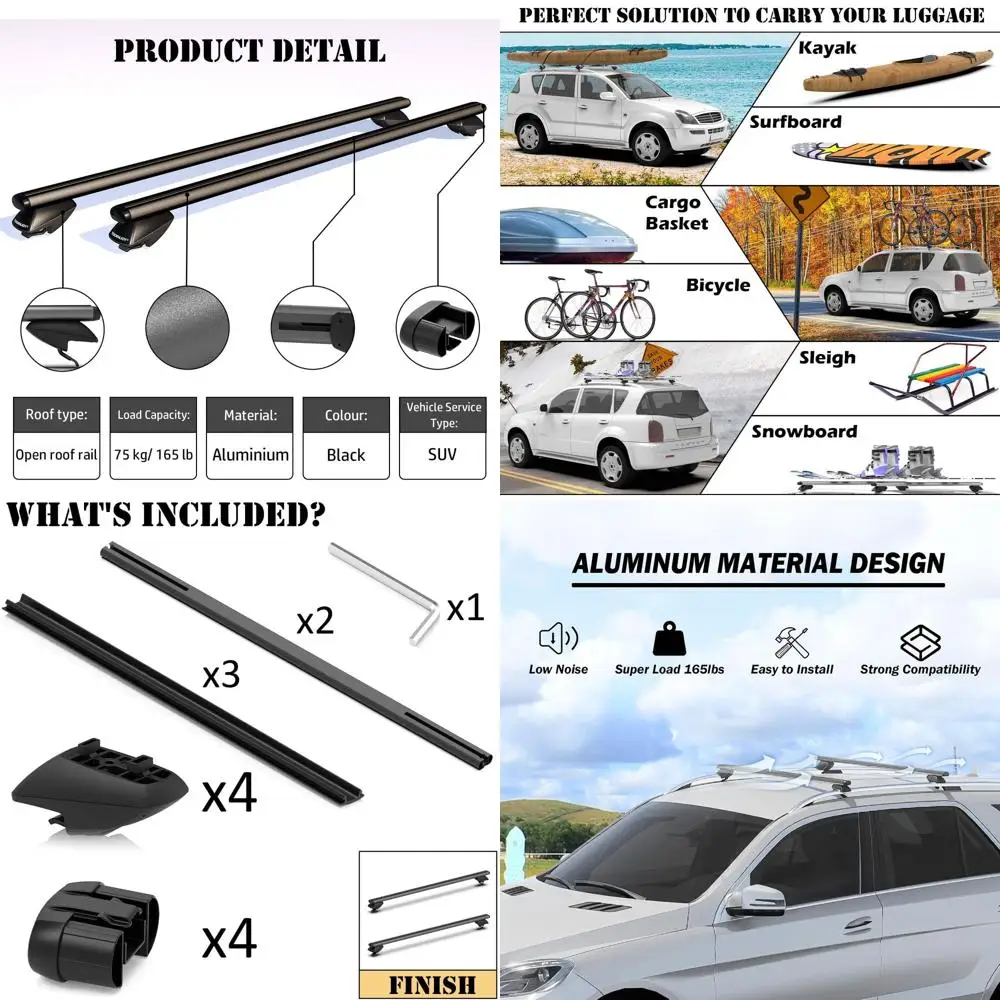 

Регулируемые 47 алюминиевых багажников на крышу для рельсов, грузоподъемность 165 фунтов, черные