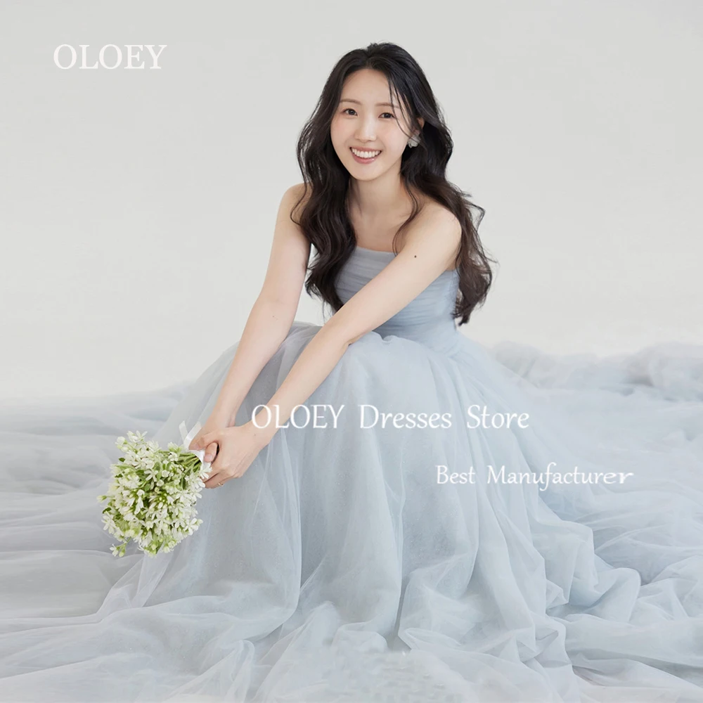 

OLOEY Dusty Blue Strapless Long Prom Dress Korea Wedding Photoshoot A Line Soft Tulle Party Dress Corset Zip Back Custom Made