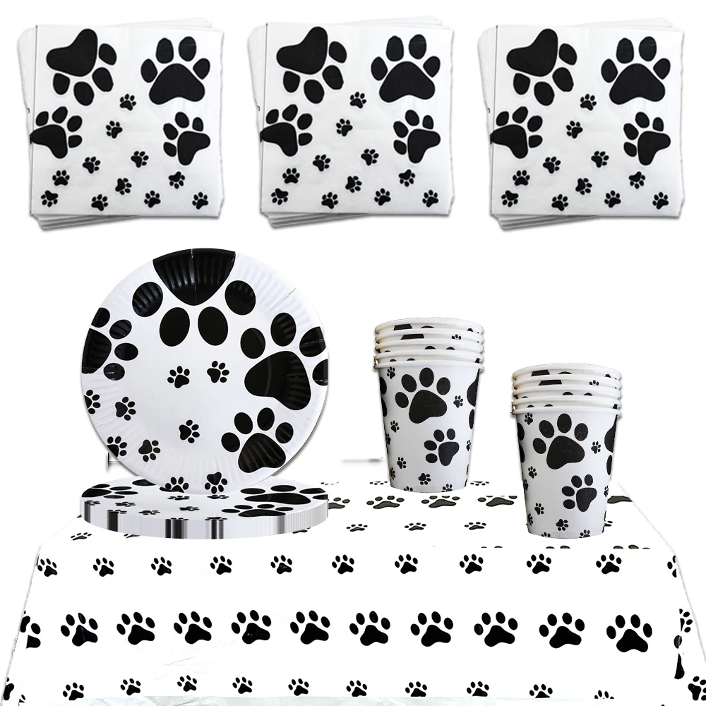 61pcs/lot Black Dog Claw Birthday Party Decor Disposable Tableware Puppy Paw Paper Cup Plate Napkins Tablecloth Decoration