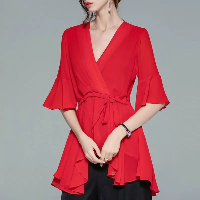 Office Lady Waist Drawstring Midi Shirt Elegant V-Neck Summer Casual Ruffles Irregular Stylish Half Sleeve Solid Color Blouse