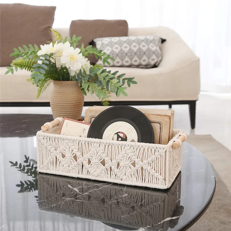 

ABBO-Macrame Storage Baskets Boho Decor Box Handmade Woven Countertop Toilet Tank Shelf Cabinet Organizer, Set Of 2