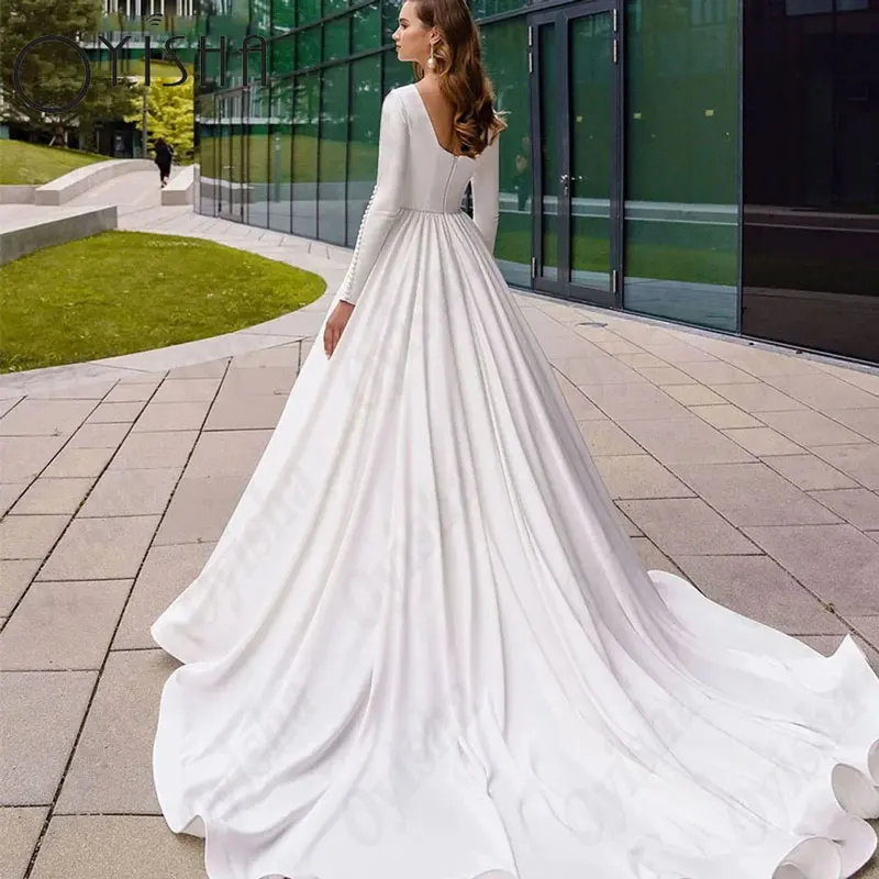 OYISHA Satin O-Neck Muslim Wedding Dresses White A-Line Full Sleeves Exquisite Bridal Gowns For Woman Simple Vestido De Mariages