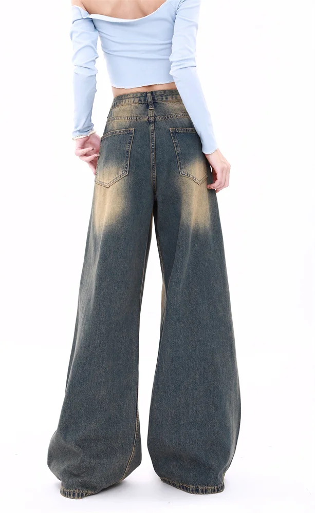 

Retro Faded Wide Leg Denim Jeans High Waist Loose Straight Floor-Length Trousers for Women Autumn 2023 New Sle MZVZ