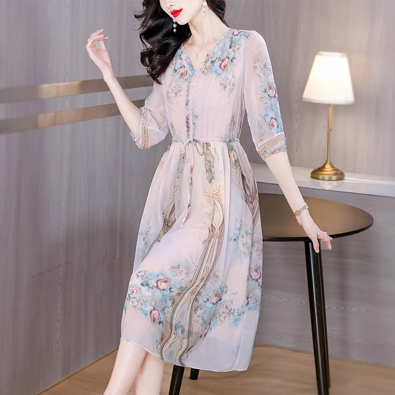 

2024 New Summer V-neck Floral Silk Dress Large Size Loose Printed Lace Mulberry Silk Midi Dress Casual Party Beach Dress Vestido