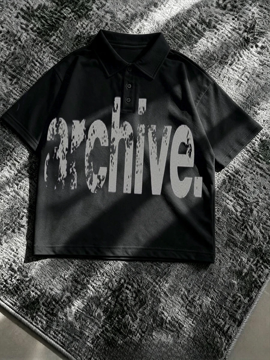 Polo Shirts Streetwear Archive Letter Graphic Y2K Grunge Gothic Men's Golf Shirts Oversize Aesthetic Minimalist Short Sleeve Tee