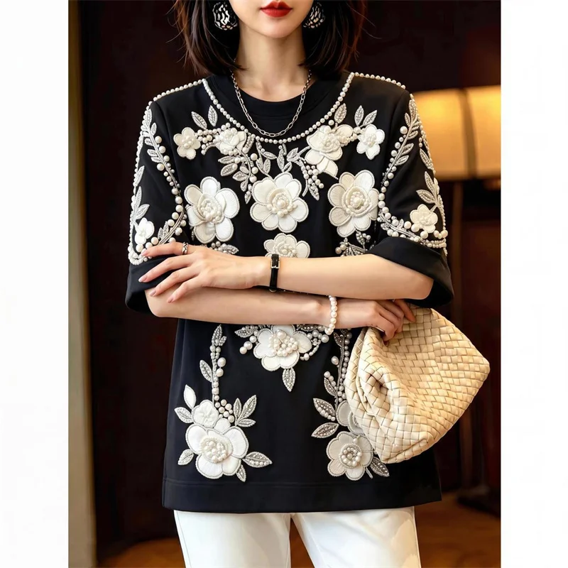Women's T-shirt Blouse Embroidered Short Sleeved Spring Summer Autumn Leisure Heavy Industry Nail Bead Loose Unique Tshirt Top