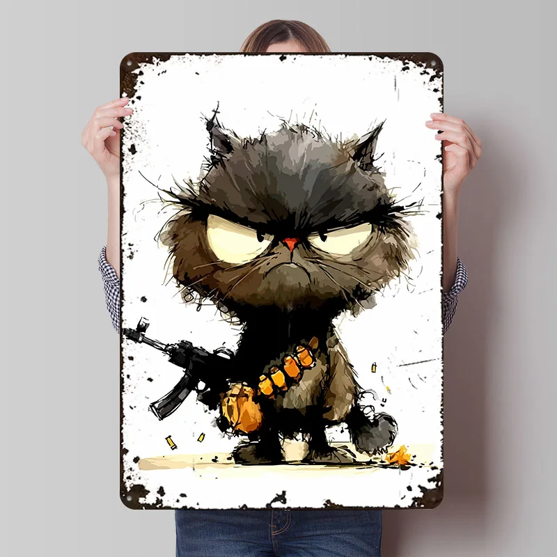 

Постер с изображением кота с пистолетом, индивидуальный ретро-декор для стен, винтажные металлические таблички для домашнего декора, украшения гостиной, игровой комнаты