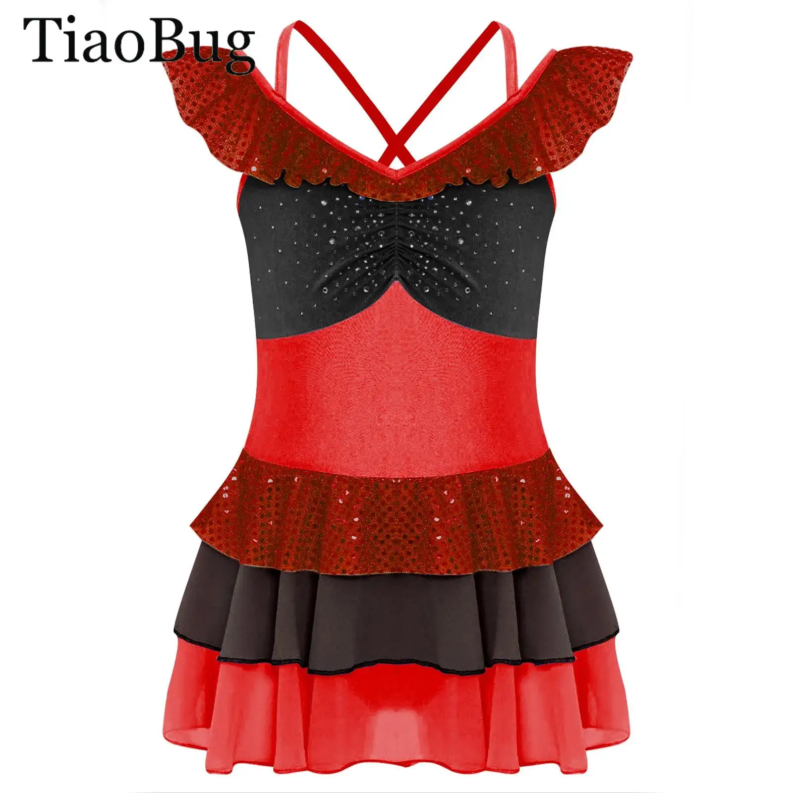 

Girls Shiny Sequin Gymnastics Ballet Tutu Dress Cross Back Rhinestones Color Block Tiered Leptard Dress Figure Skating Costume