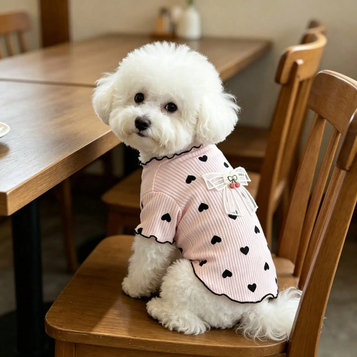 1 Stück Haustier-Hundetop mit Herz-Print, Rüschenbesatz, niedlicher Netzschleife und Kirschdekoration, Pullover-Shirt, weiche Strickkleidung – Detail 15