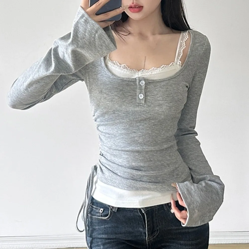 

Chic Fake Two-piece Slim Crop Tops Bow Bell Sleeve Bottoming Top Comfortable Elastic Skinny Knitwear Streetwear