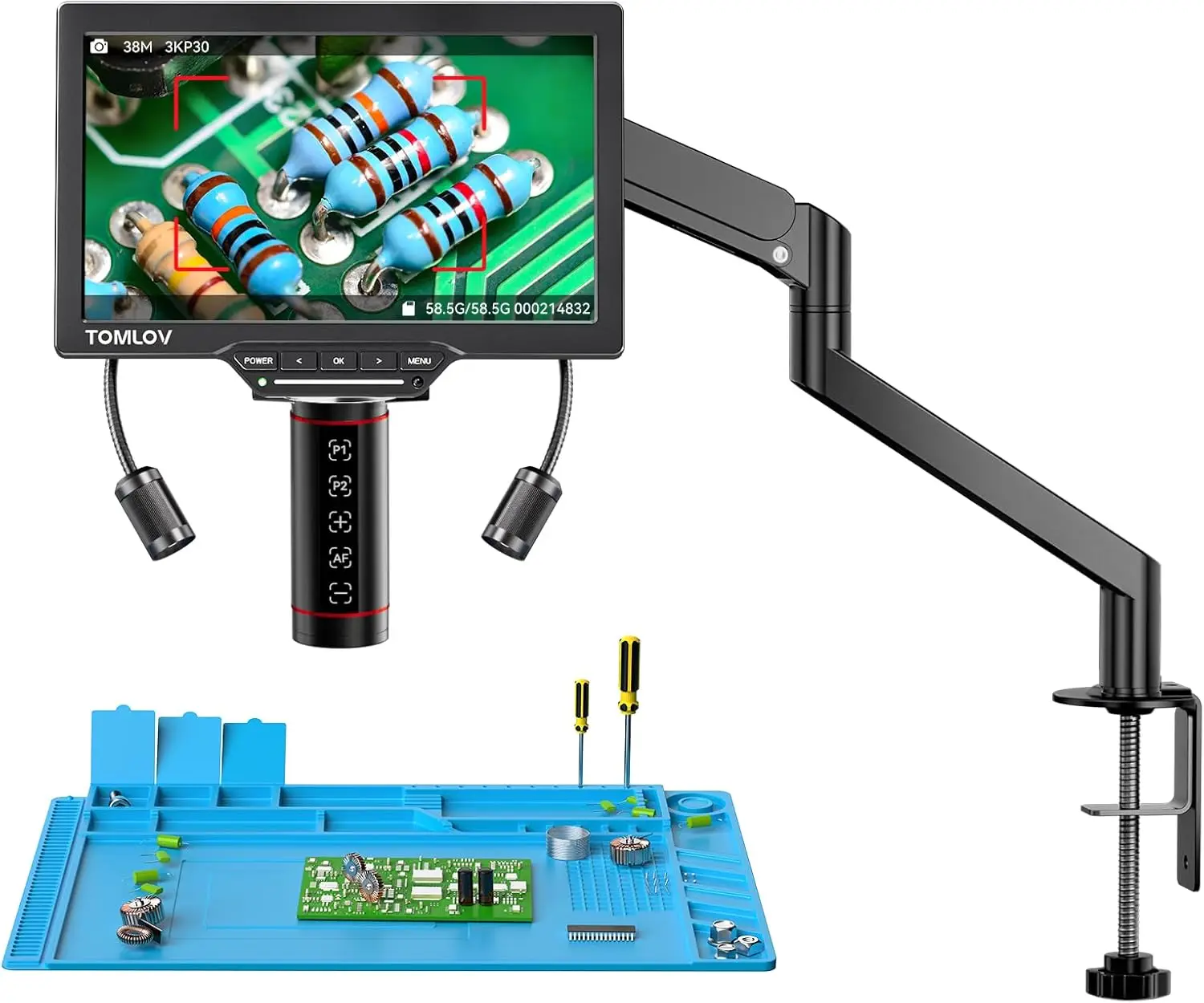 TOMLOV Autofocus digitale microscoop 2000X voor elektronica solderen TM3K-AF Max 3K HDMI Microscopio 10-inch IPS-display Flexibele arm