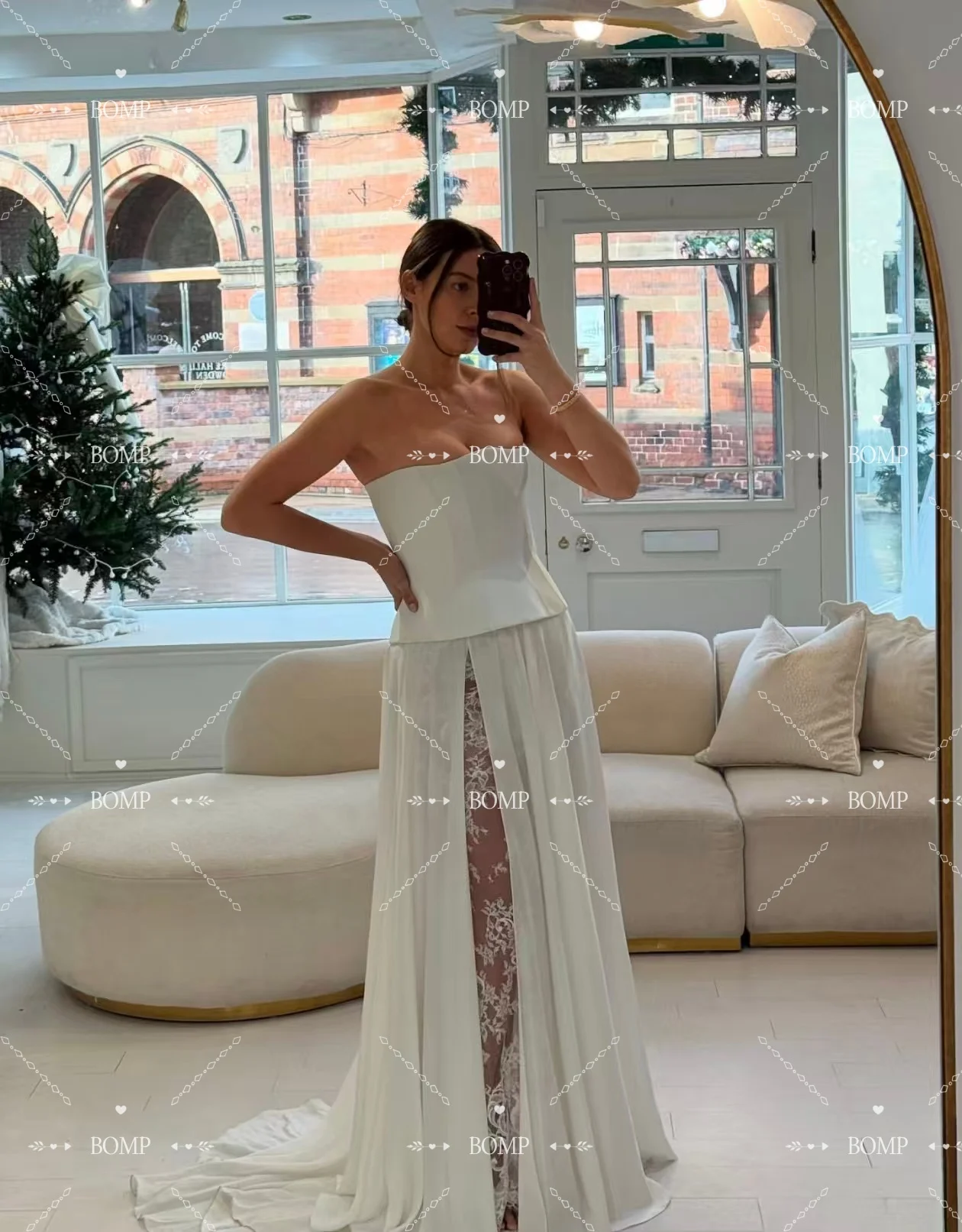 فستان BOMP كلاسيكي لحفلات الزفاف بدون حمالات مشد جانبي بفتحة عالية مع دانتيل على شكل حرف a فساتين سهرة مخصصة فيستدو دي نوفيا 2026 #5
