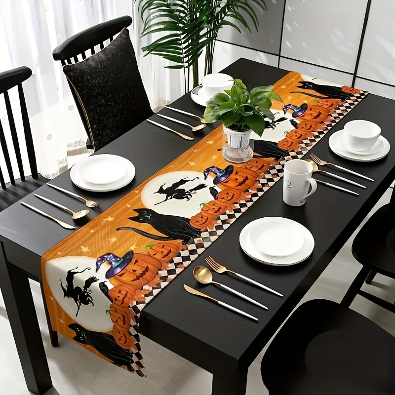 Halloween Witch Cat and Pumpkin Star Table Flag, Washable, Perfect for Dining Ambient Table Flag