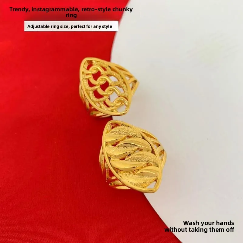 

Gold Plated Brass Ring for Women Exaggerated Large Sand Gold Ring Finger Non-Fading Color Alloy Floral Pattern Jewelry