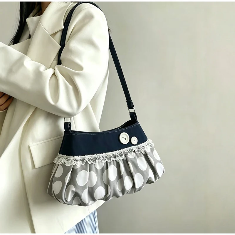 Koreanische Polka-Dot Plissierte Stern-Streifen Hobo Unterarm-Schultertasche, Süße Niedliche Damenhandtasche, Leichte Stoff-Freizeittasche für Frauen – Detail 4