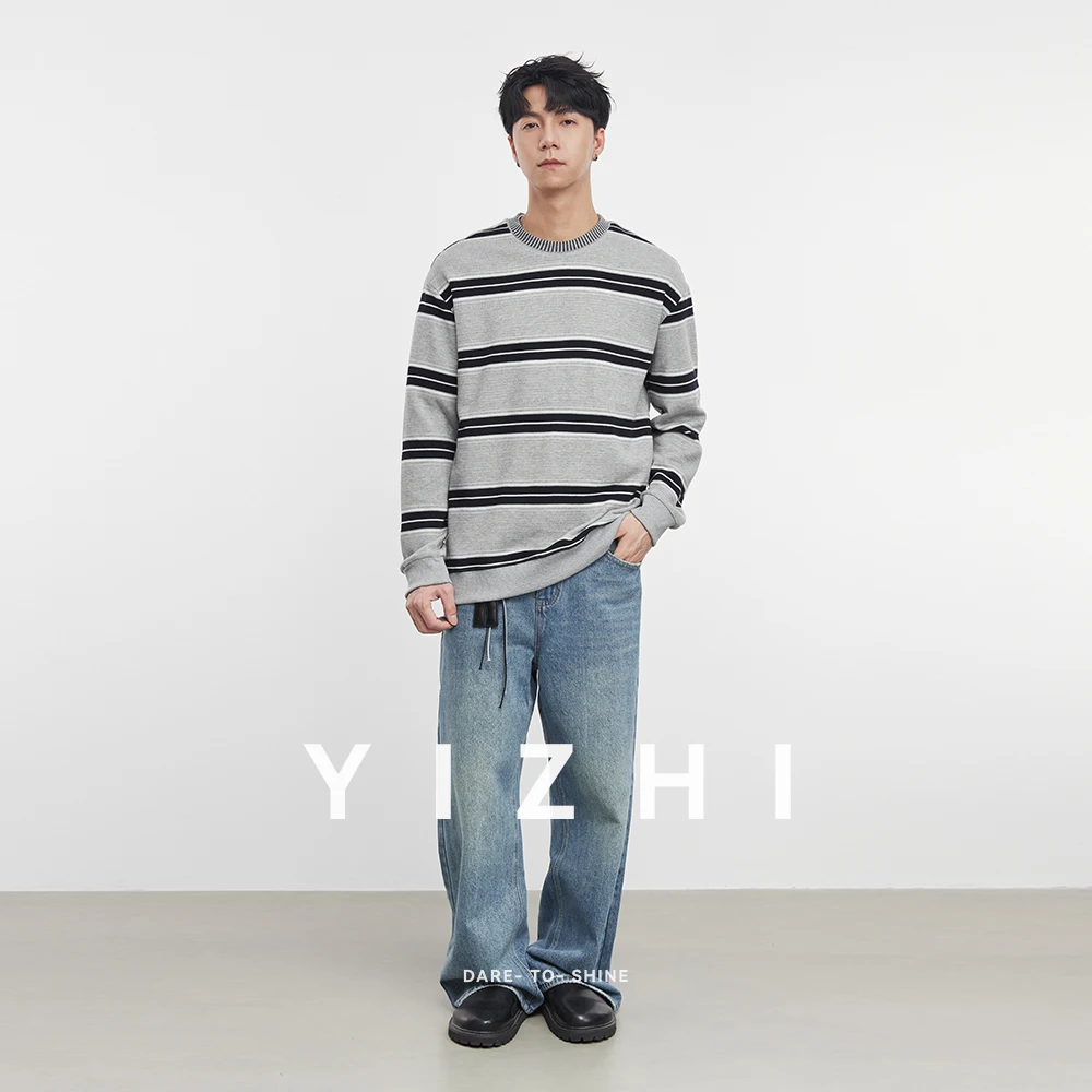 موضة الرجال الثقيلة الجولة الرقبة مخطط كم طويل البلوز 2025 الخريف والشتاء عادية فضفاض كم طويل بلوزة رجالية #6