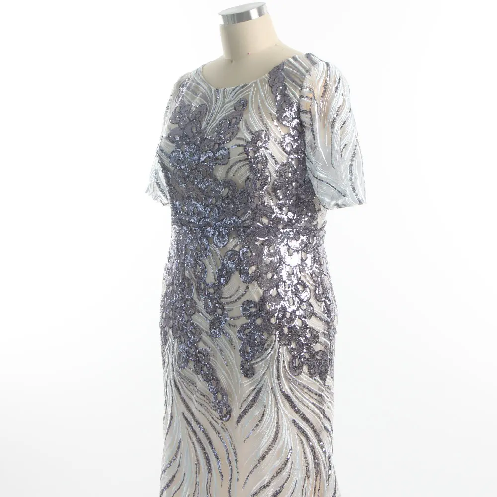 Robe de soirée en paillettes violettes, col rond, demi-manches, sirène, longueur au sol, fermeture éclair au dos, grande taille, robe formelle pour femmes, K163, 2022