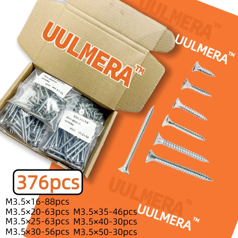 UULMERA 376-teiliges Set M3.5 Phillips-Kopf Verzinkte Senkkopf-Blechschrauben Holzschrauben