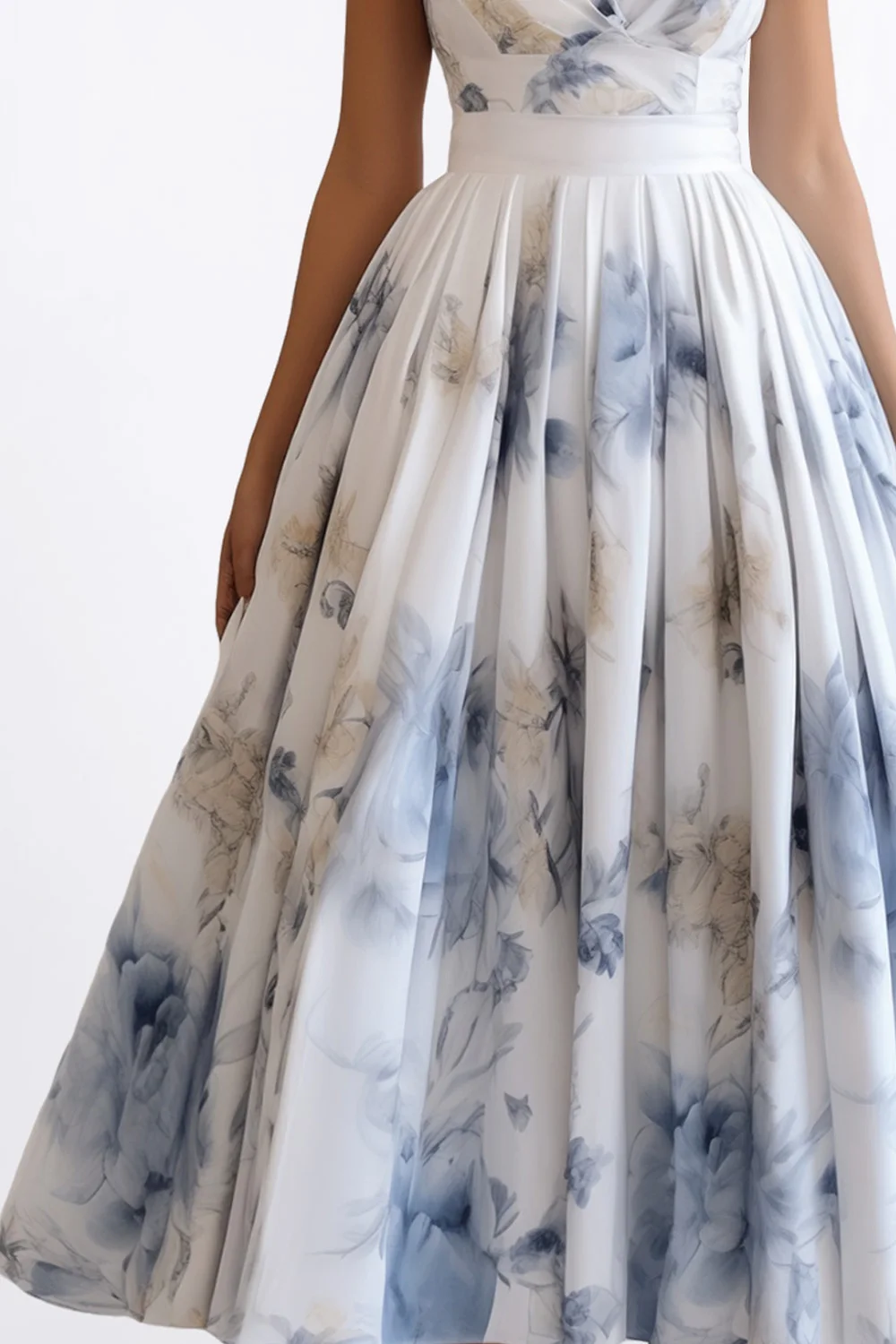Robe d'invité de mariage pour femmes, en mousseline de soie bleue, imprimé Floral, col en V, sans manches, robe mi-longue