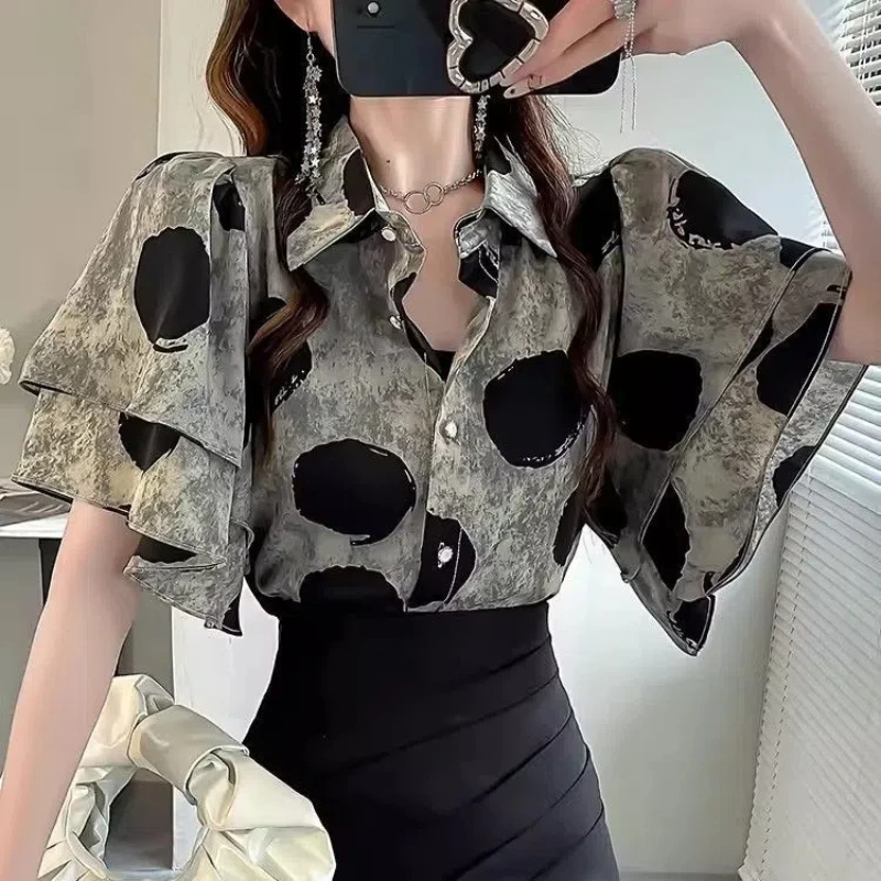 Chinese Style Summer Women\'s 2024 New Patchwork Polo Collar Button Printing Ruffles Fashion Loose Short Sleeved Blouses Shirts