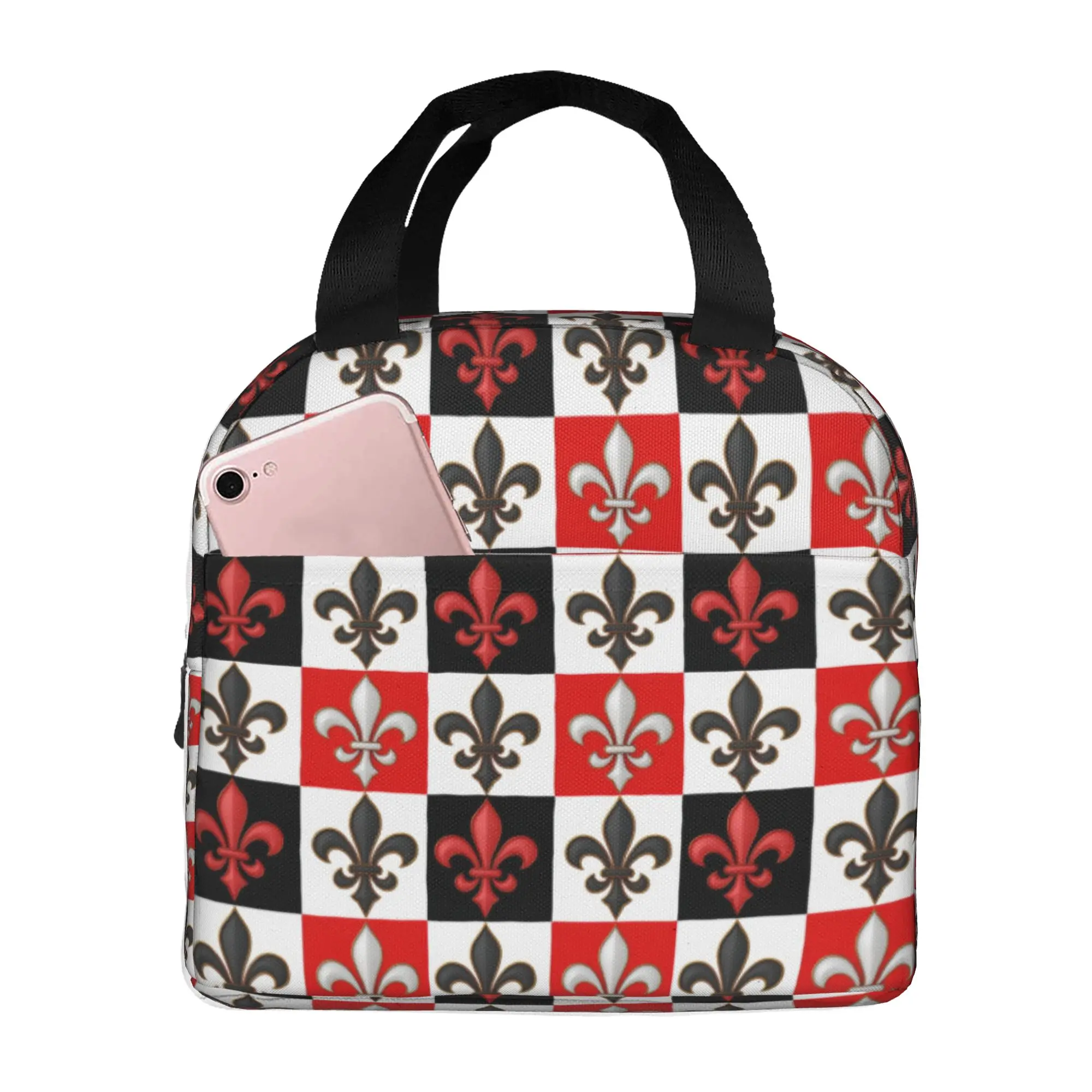 Checkered Fleur De Lis Insulated Lunch Bag for Women Waterproof Red Black White  Thermal Cooler Bento Box School