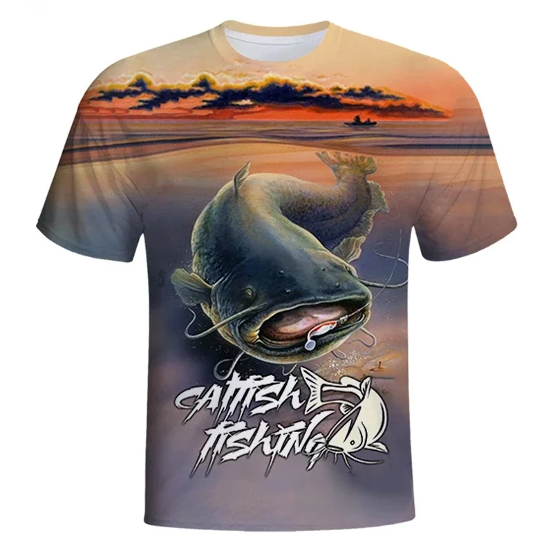 2024 Summer New Hot Men's T-shirt 3D Catfish Printing Outdoor Wild Fishing Sports Clothing Large Size Loose Quick-drying Top