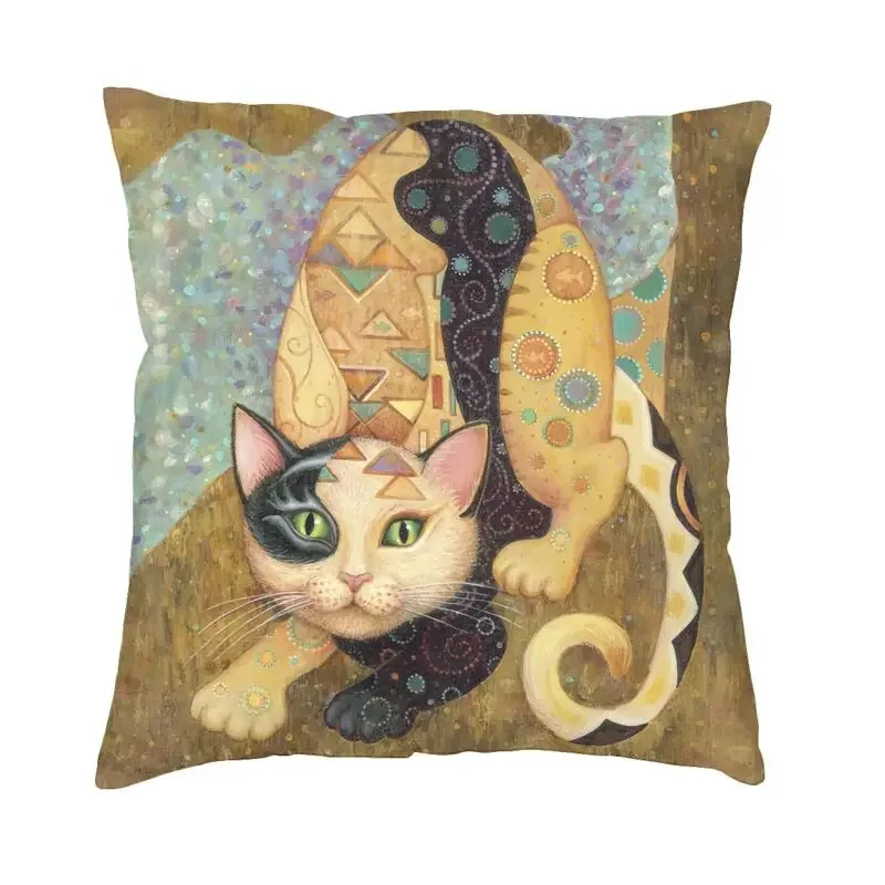 Oil Painting Cat Cushion Cover Art Gustav Klimt Gold Pattern Soft Luxury Pillow  Living Room Decoration pillowcase