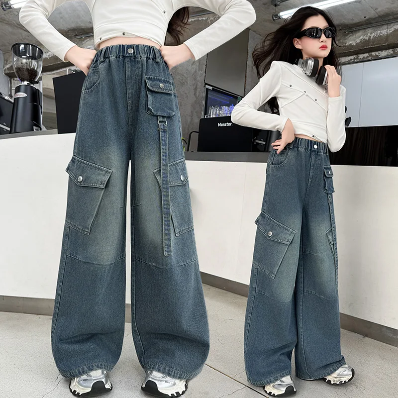 

Child Streetwear Fashion Vintage Cargo Jeans Wide-Leg Straight Denim Pants Female Kids y2k New Pop Harajuku Girl Casual Trousers