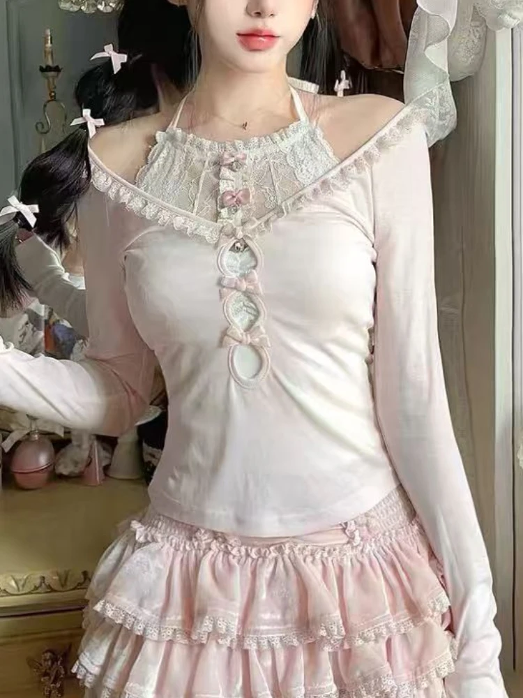 Japanese Lolita Kawaii 3-Piece Set Women Korean Sweet Cute Skirt Suit Female Pink Y2k Blouse + Suspender Vest + Party Mini Skirt image 4