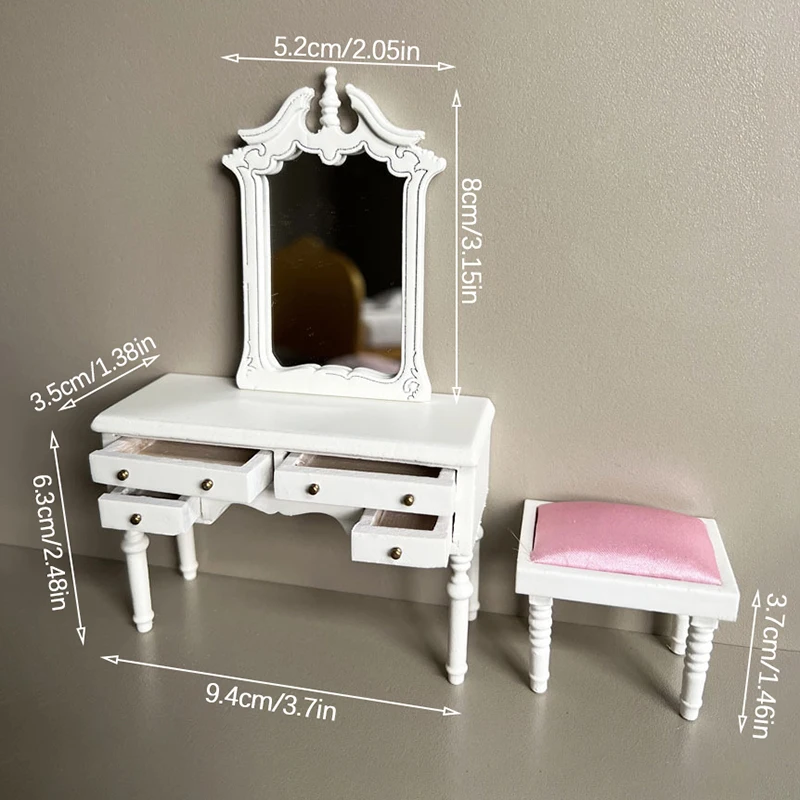 1Set 1:12 Dollhouse Simulation Dressing Table Makeup Mirror W/Stool Model Kit Doll House Bedroom Furniture Micro Scene Prop