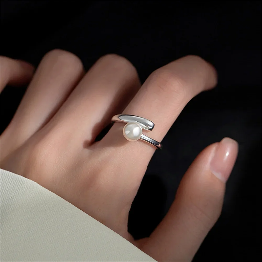 Französischer Vintage-Ring in Silberfarbe, verstellbar, mit einfachem Imitationsperlen-Design, Damenring, modischer Schmuck, INS-Accessoire, Geschenk. – Detail 1
