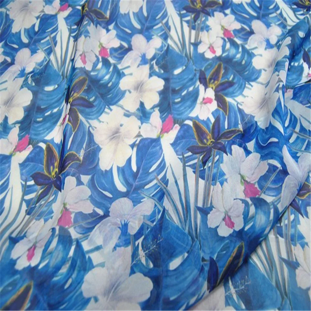 Smooth Blue Color Smooth Big Lily Flower Foral Printed Pure Silk Chiffon Fabric for Lovely Lady Elegant Dress