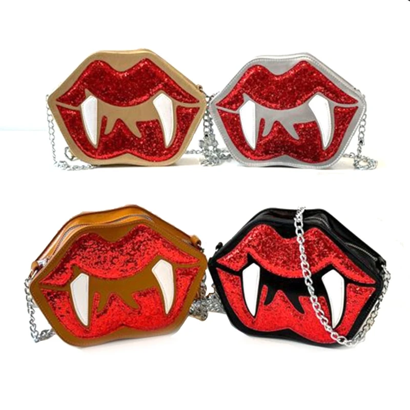 

Gothic PU Leather Sequined Crossbody Bag Funny Tooth Lip Shoulder Evening Purse with Chain for Halloween