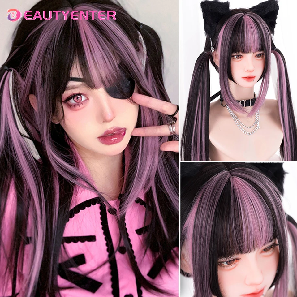 BEAUTYENTER parrucca sintetica parrucca rosa onda profonda con frangia per le donne capelli lunghi neri a strati festa Cosplay resistente al calore