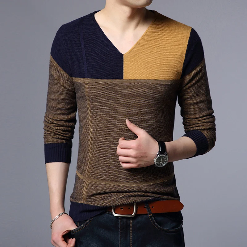 Fashion V-Neck Long Sleeve Knitted Spliced Color Sweater Men's Clothing 2022 Autumn New All-match Casual Pullovers Korean Tops