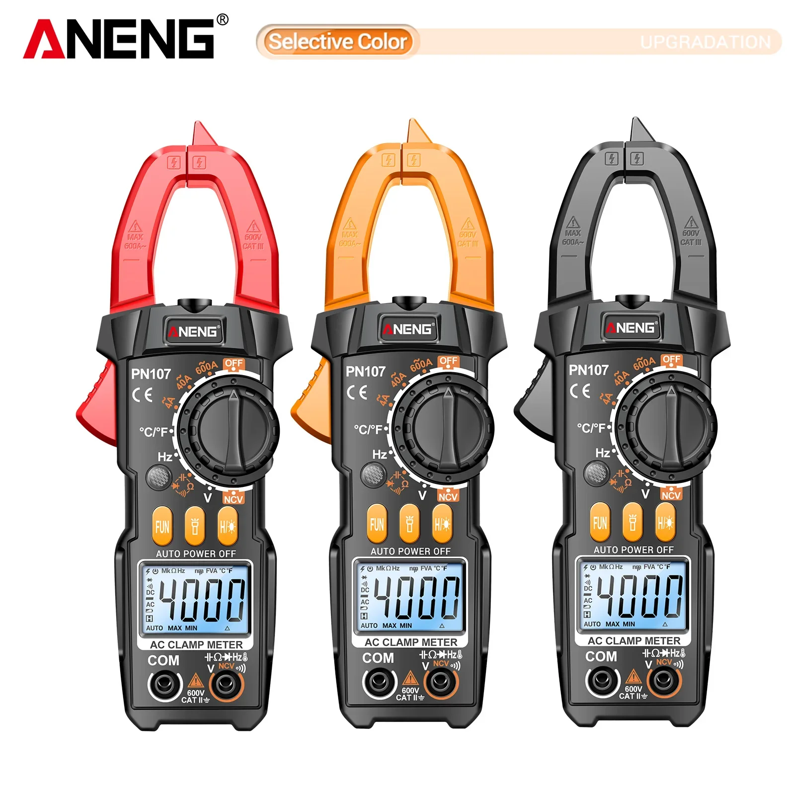 ANENG PN107 Digital Clamp Meter 4000 Counts 600A NCV Temp Freq Cap Flashlight Data Hold Auto Off AC DC Volt Circuit Repair Tool
