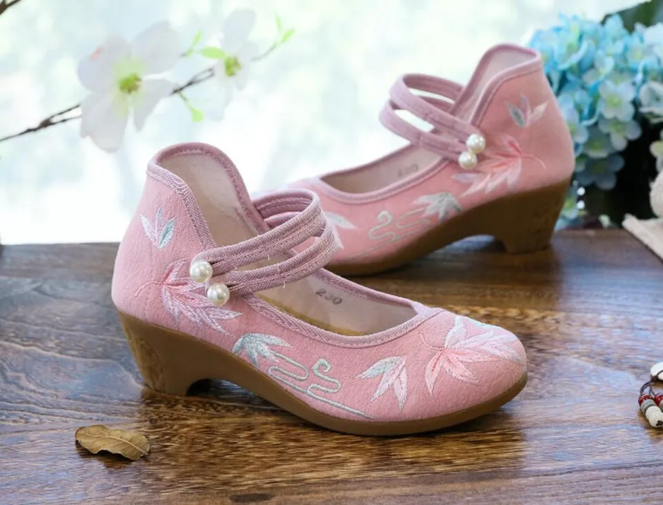 Women Ankle Button Strap Pumps Ethnic Embroidery Mary Jane Dress Shoes Mid Heel Cotton Fabric Espadrilles Vintage Sandals