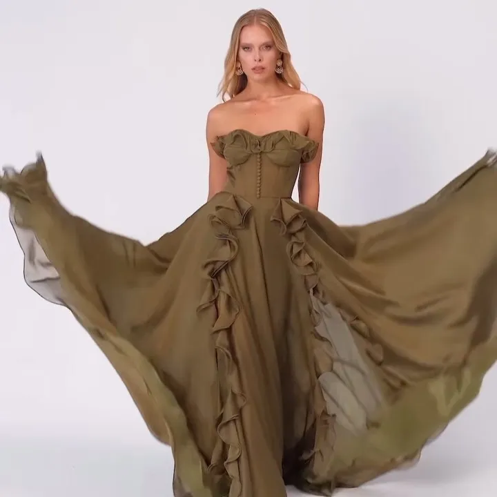 Elegant Army Green Split Long Maxi Gowns Ruffles Trimmed Sweetheart A-line Formal Party Dresses Lace Up Back Women Maxi Dress