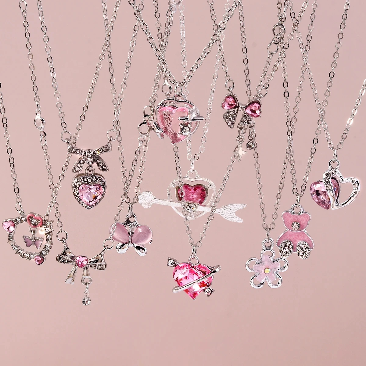 Delicate Y2k Crystal Pink Zircon Heart Necklace for Women Girl Bowknot Pendant Necklace Chain Party Jewelry Gifts