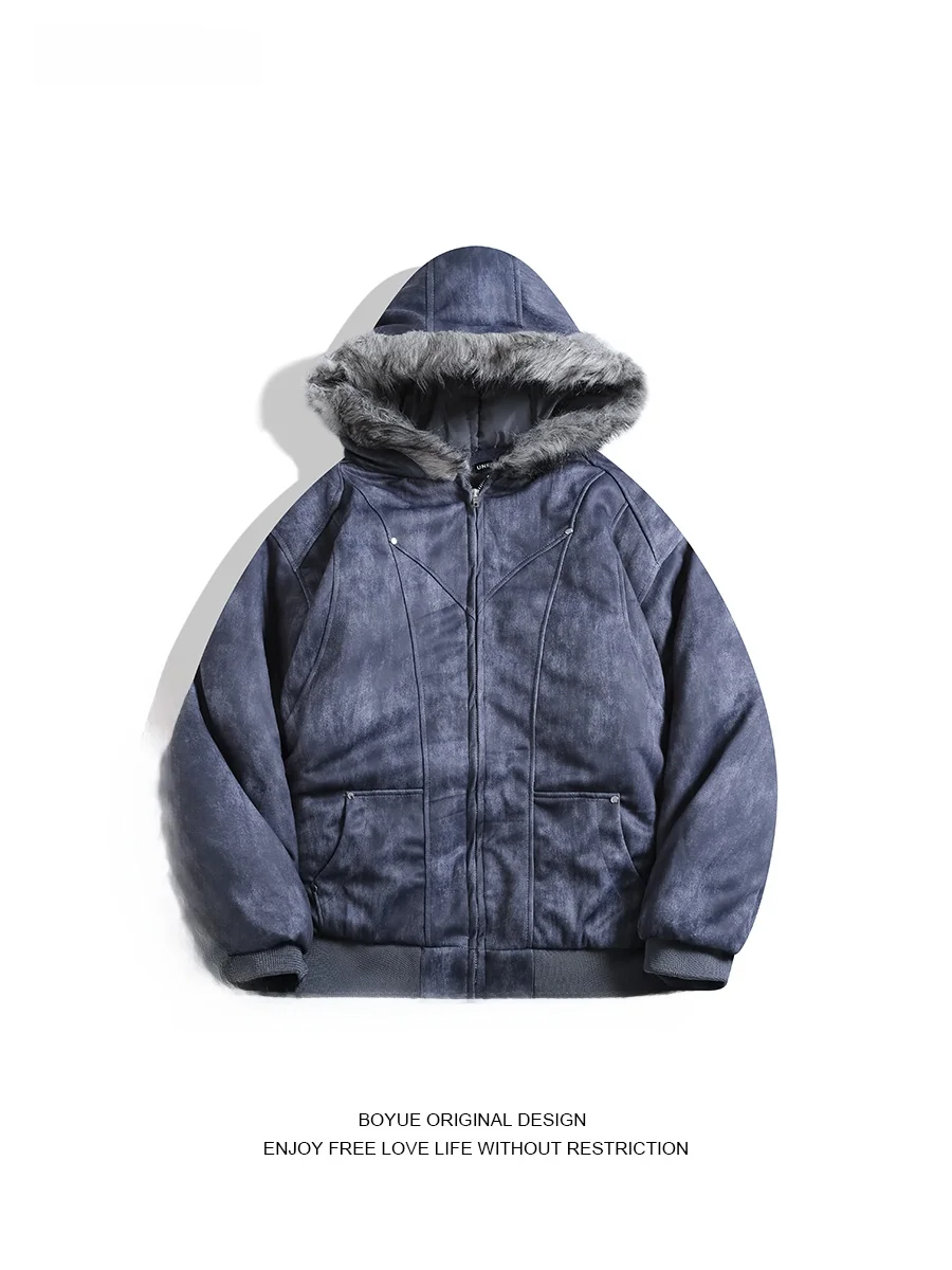 

Boyue American Dyed Thiened Cotton Jaet with Hood Fur Collar Street Sle Vintage for Teenage Boys Zipper Closure Long Sl...