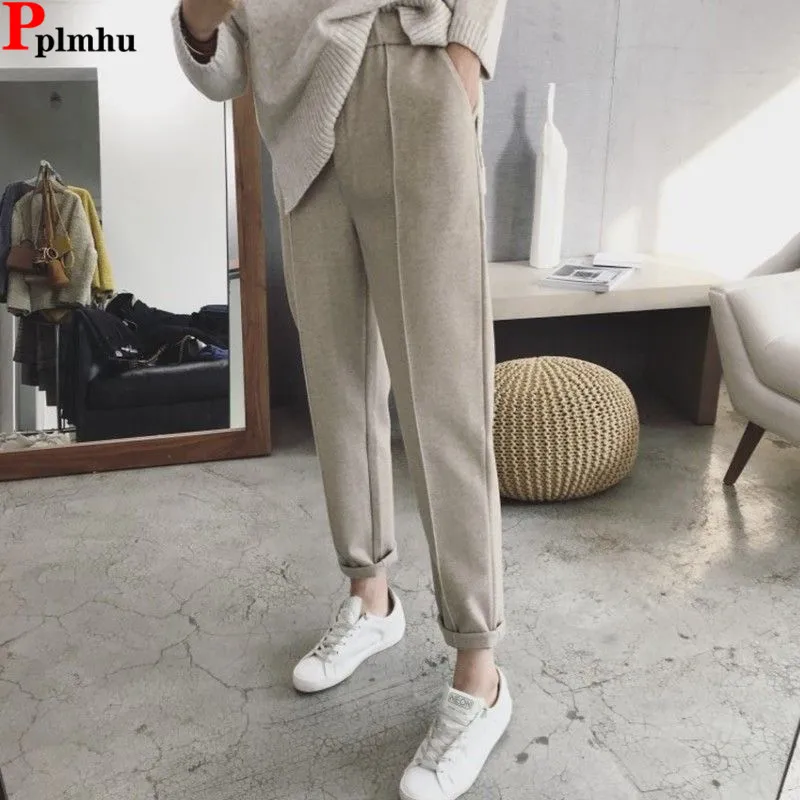 

Fall Winter Warm Wool Blend Harem Suit Pants Elastic High Waist Ankle Length Elegant Pantalones Casual Formal New Women Spodnie