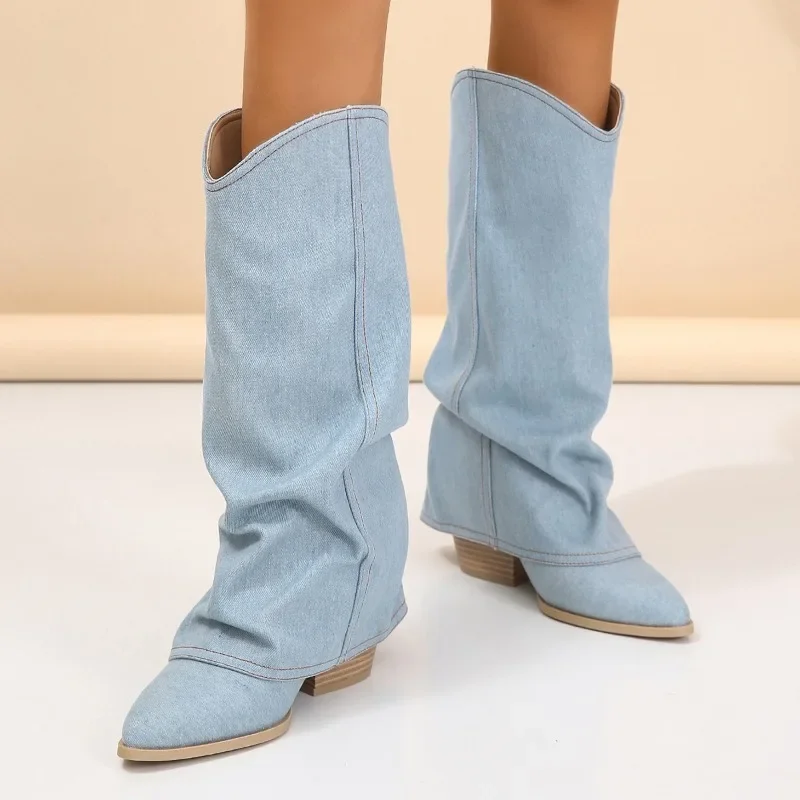 

Brand Design Ladies Pointed Toe Cowboy Boots Fashion Denim Chunky Heels Women's Cowgirl Boots Party Solid Vintage Shoes Woman