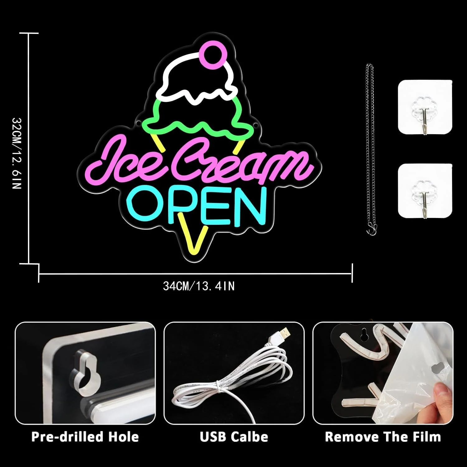 Ice Cream Open Neon Sign USB LED Neon Light for Business Store Dessert Shop Bar Party Cafe  Decor Gift Light Up Sign