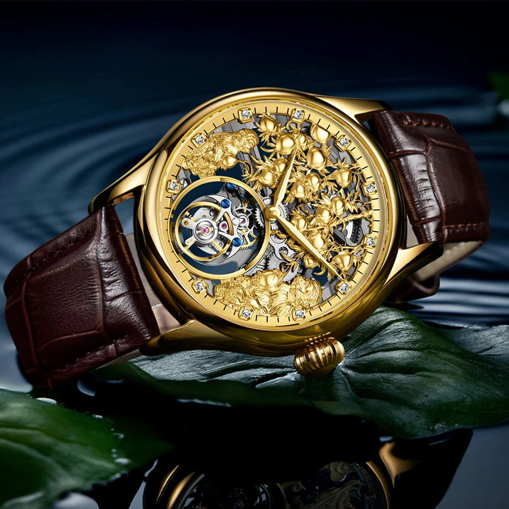 Aesop 7082G Luxury Tourbillon Mechanical Watch Skeleton Monkey Peach Lucky Design Sapphire Glass Classic Business Men Wristwatch